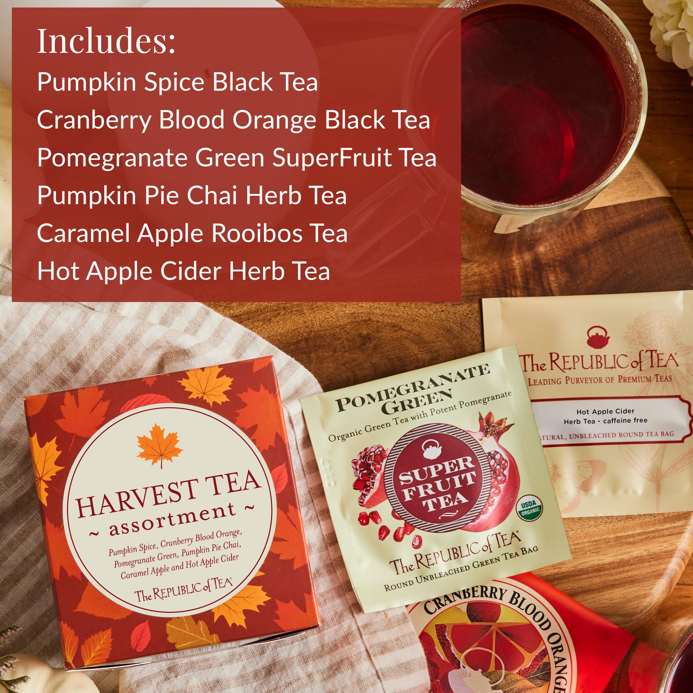 The Republic of Tea Pomegranate Green SuperFruit, refreshing blend with fruity green tea notes.