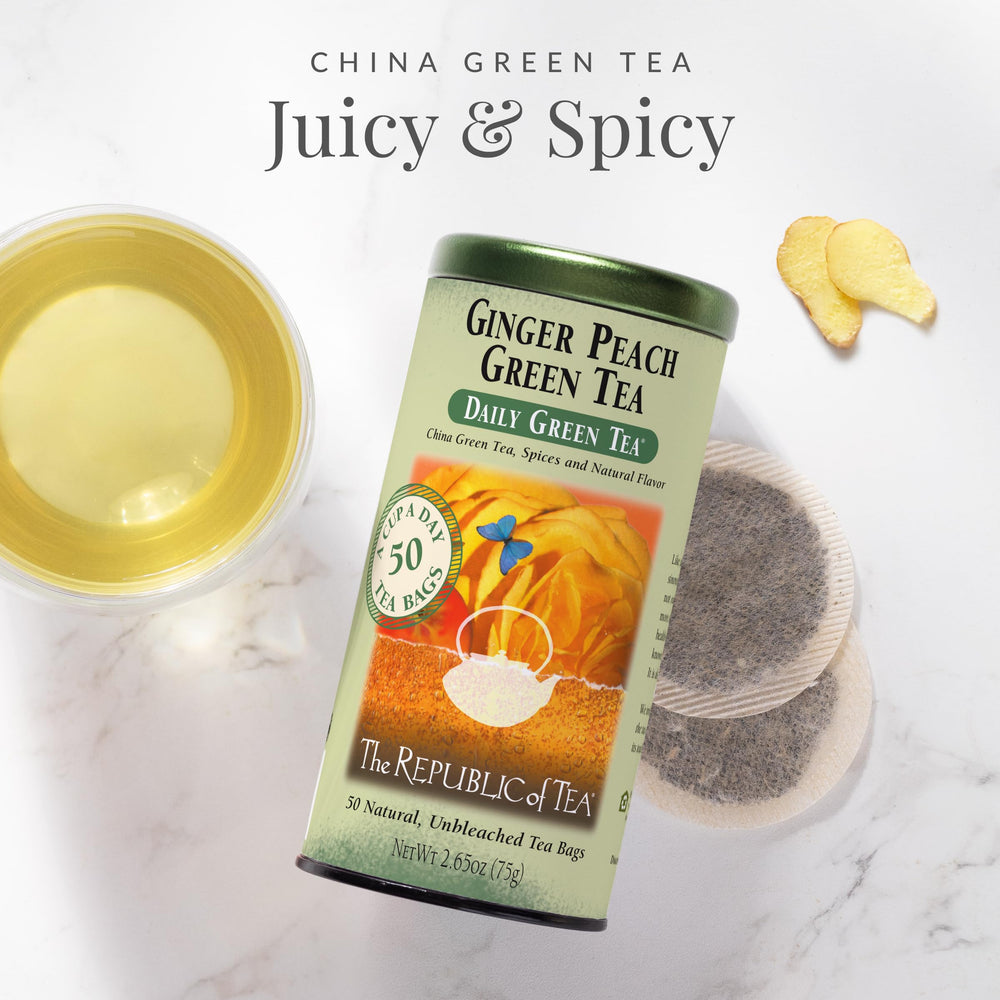 The Republic of Tea Ginger Peach Green Tea steeping cup captures easy brewing and aromatic notes.