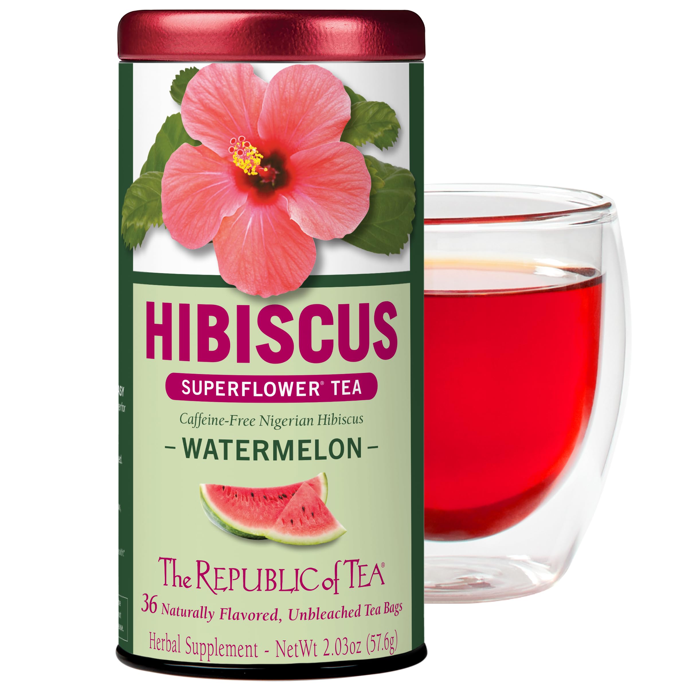 The Republic of Tea hibiscus watermelon tea bags in a box, caffeine-free herbal blend.