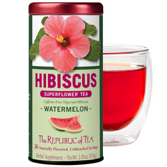 The Republic of Tea hibiscus watermelon tea bags in a box, caffeine-free herbal blend.