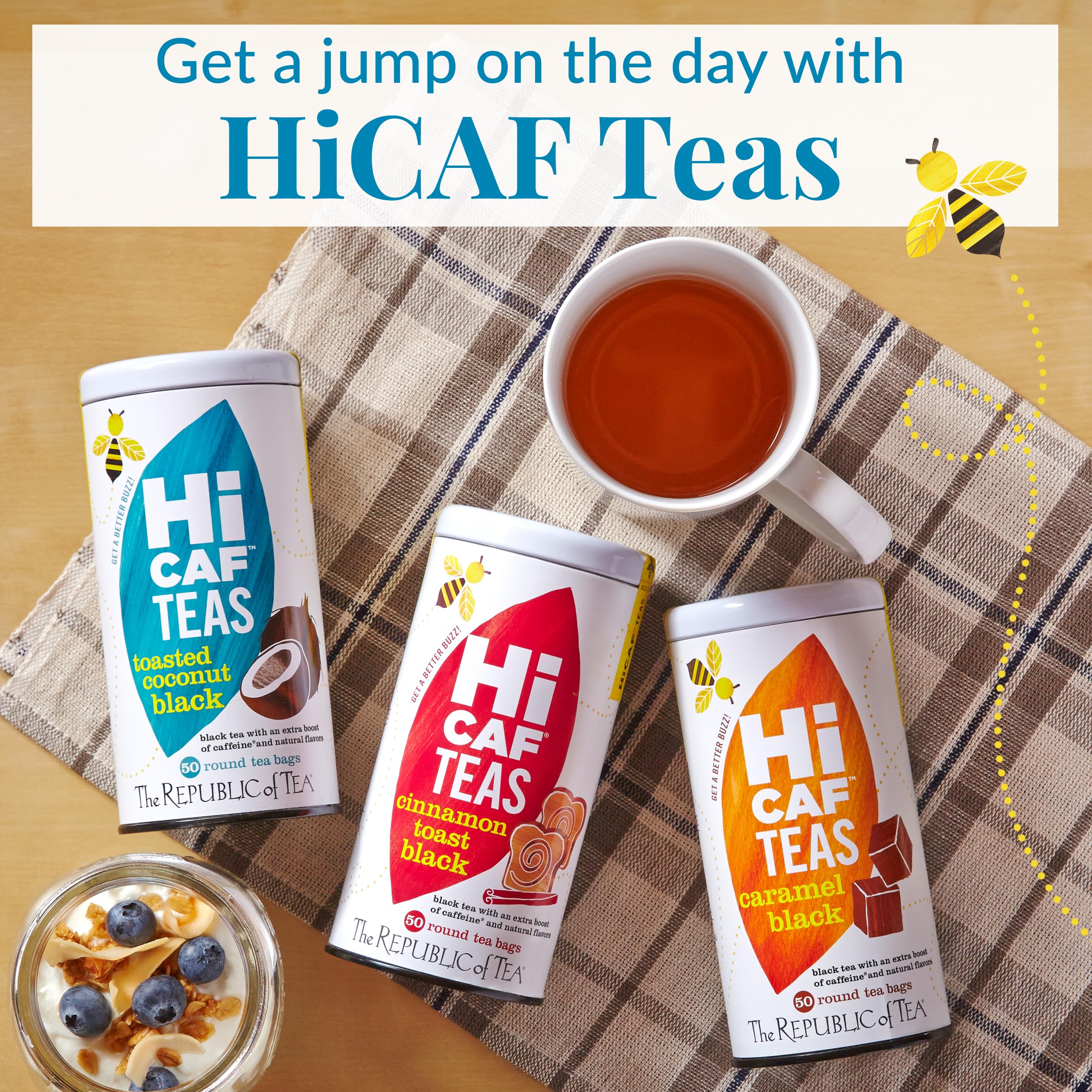 Republic of Tea HiCAF brand logo on shelf signals premium quality and trust.