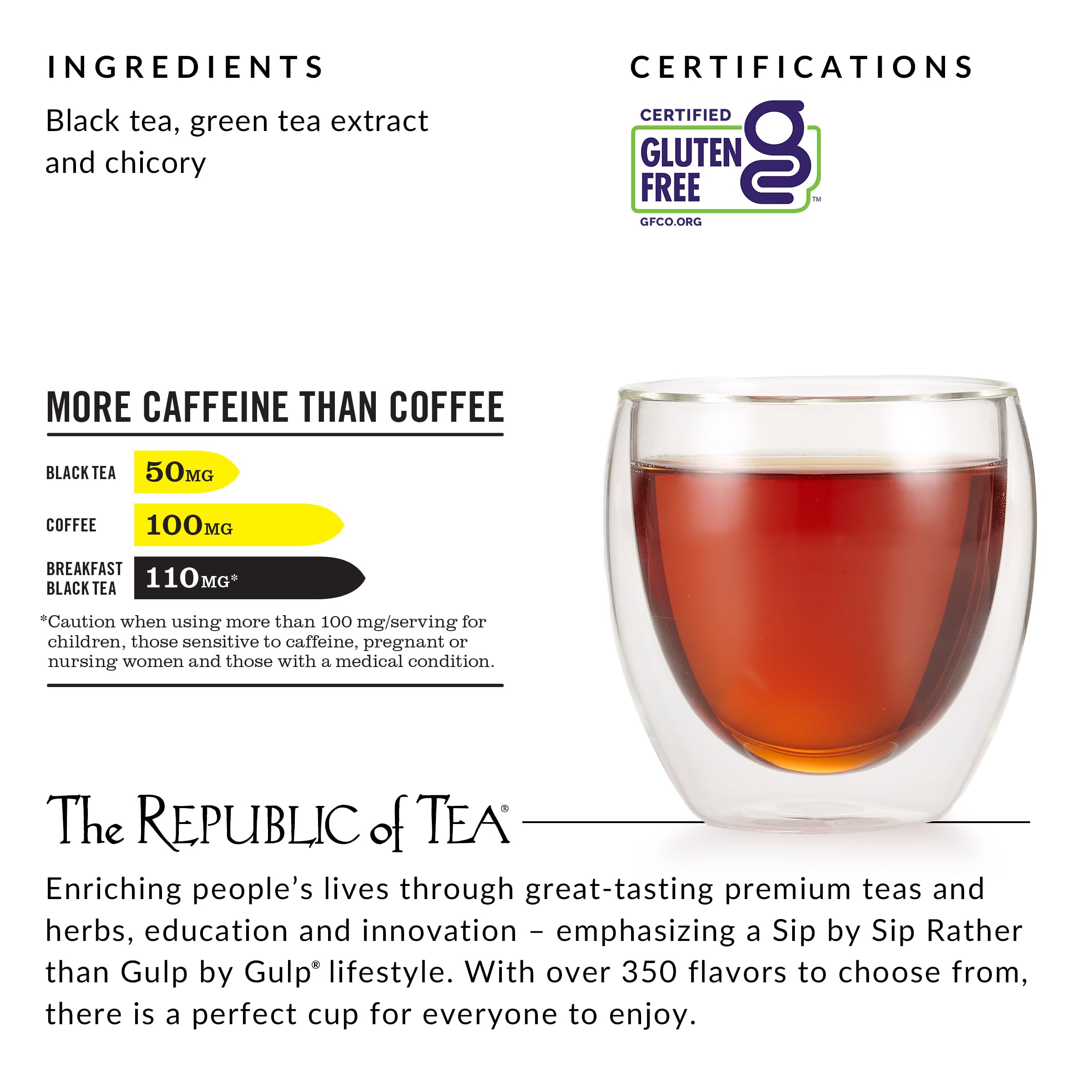 The Republic of Tea HICAF green tea extract highlights the caffeine boost.