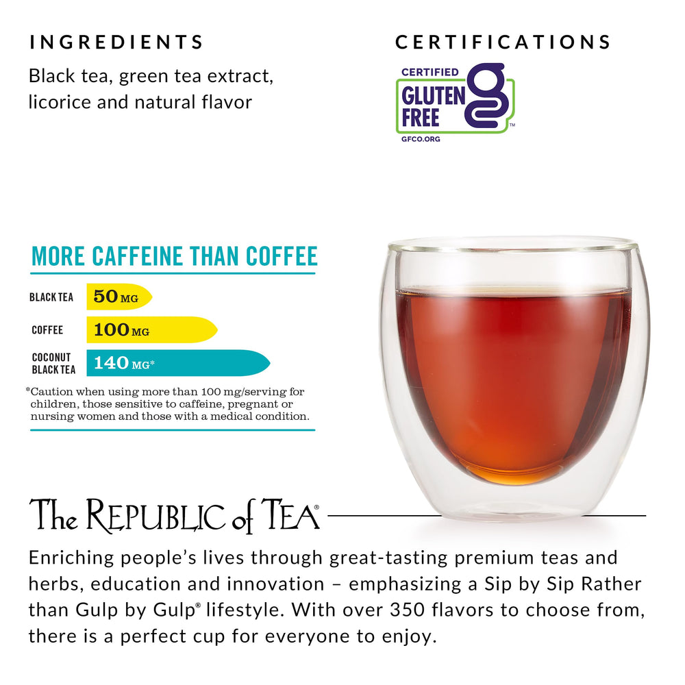 Republic of Tea HiCAF Toasted Coconut Tea ingredient close-up shows black tea and green tea extract.