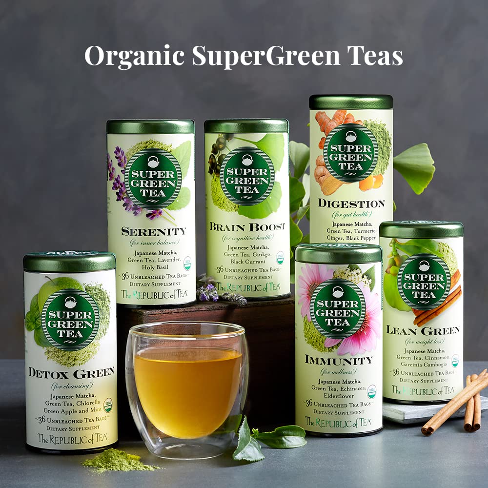The Republic of Tea matcha powder and green tea leaves showcase premium, flavorful infusion.