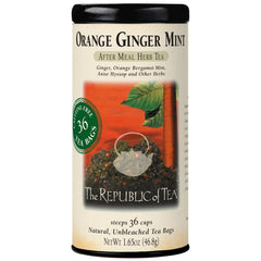 The Republic of Tea orange ginger mint tea tin showcases a premium caffeine-free herbal blend.