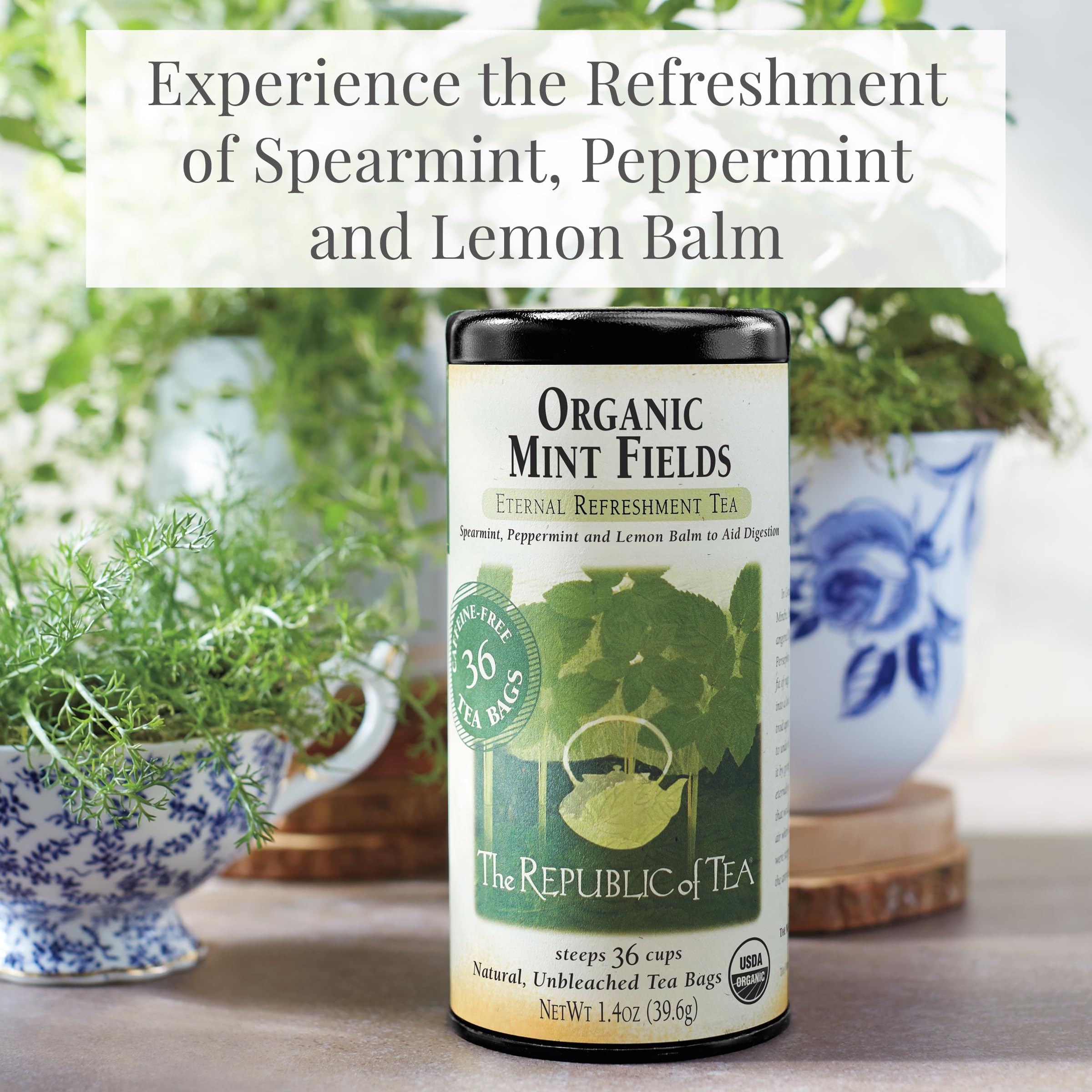 The Republic of Tea Organic Mint Fields delivers a caffeine-free moment anytime.
