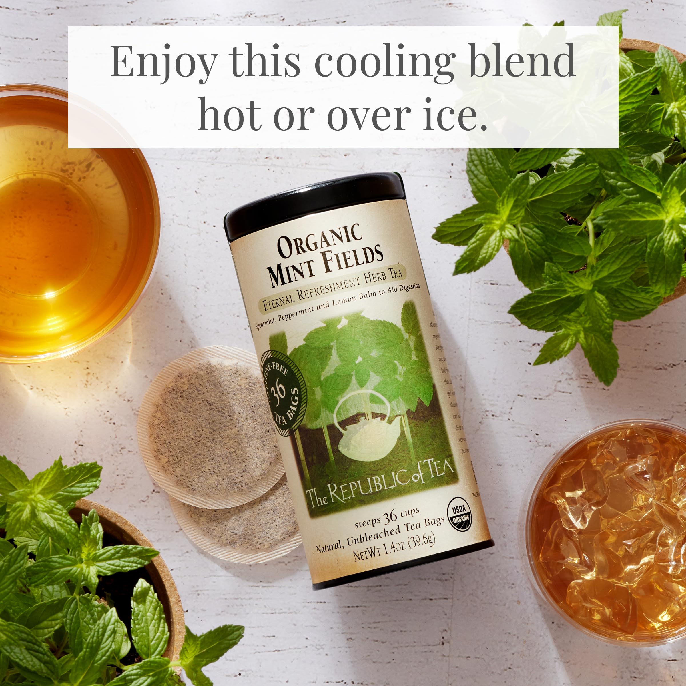 The Republic of Tea Organic Mint Fields iced serve cools with refreshing mint.