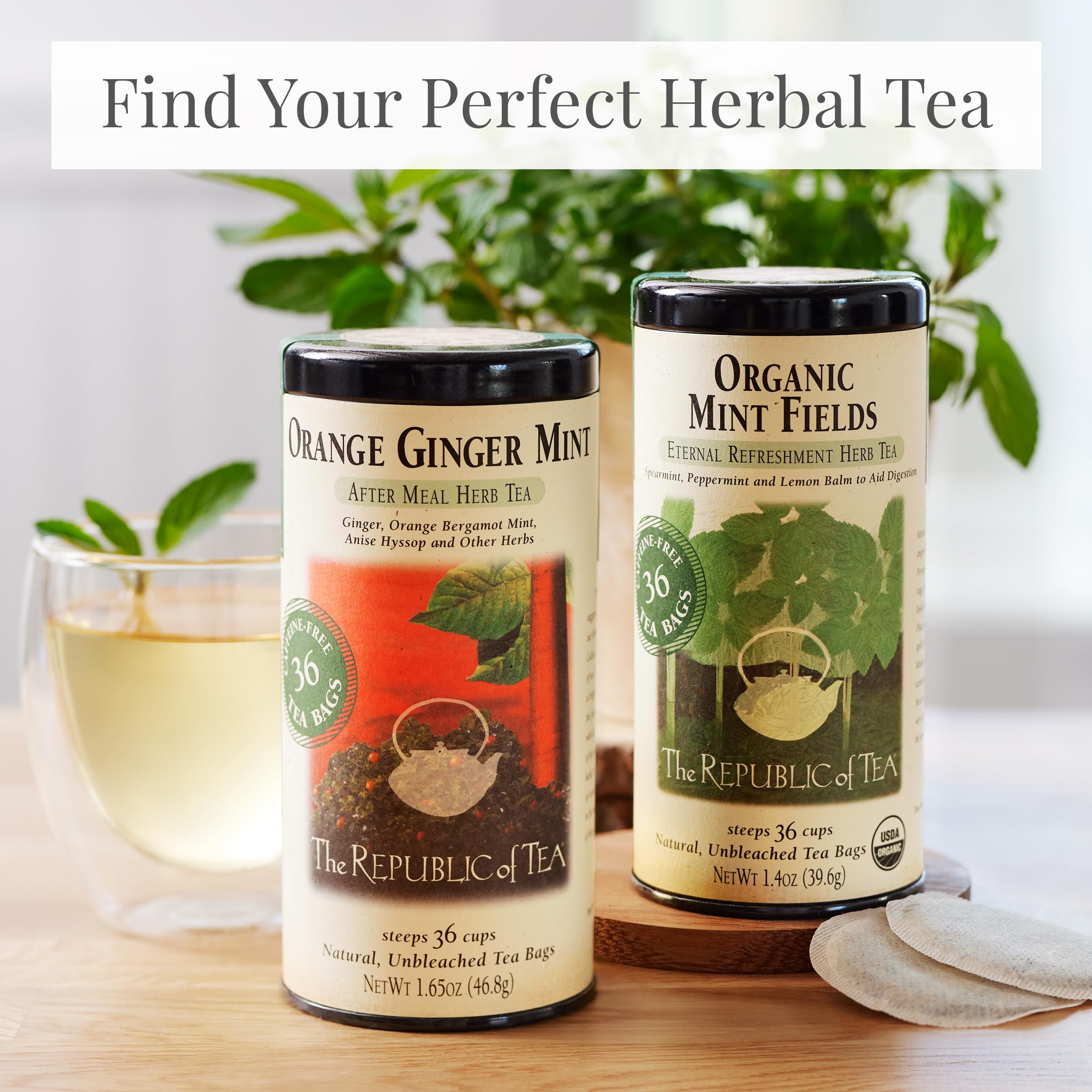 The Republic of Tea Organic Mint Fields packaging highlights premium organic leaves.