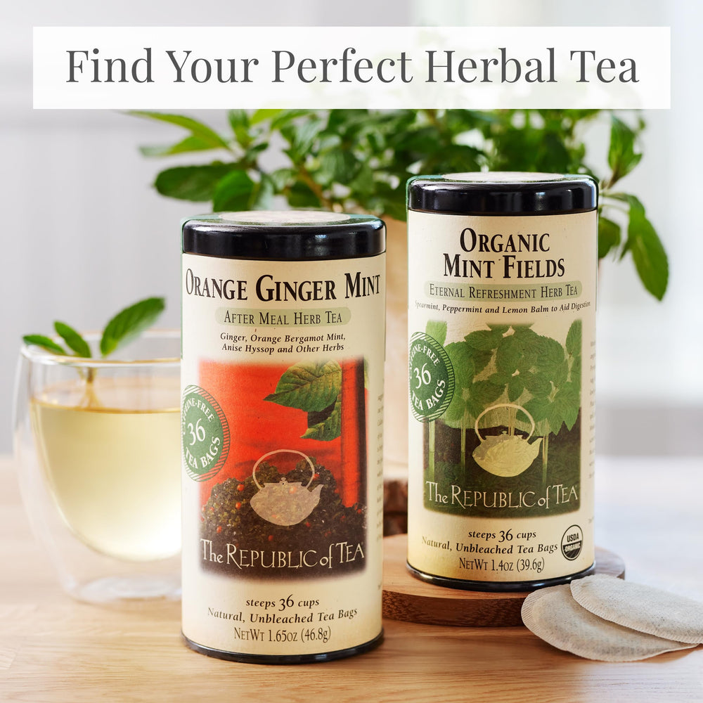 The Republic of Tea Organic Mint Fields packaging highlights premium organic leaves.