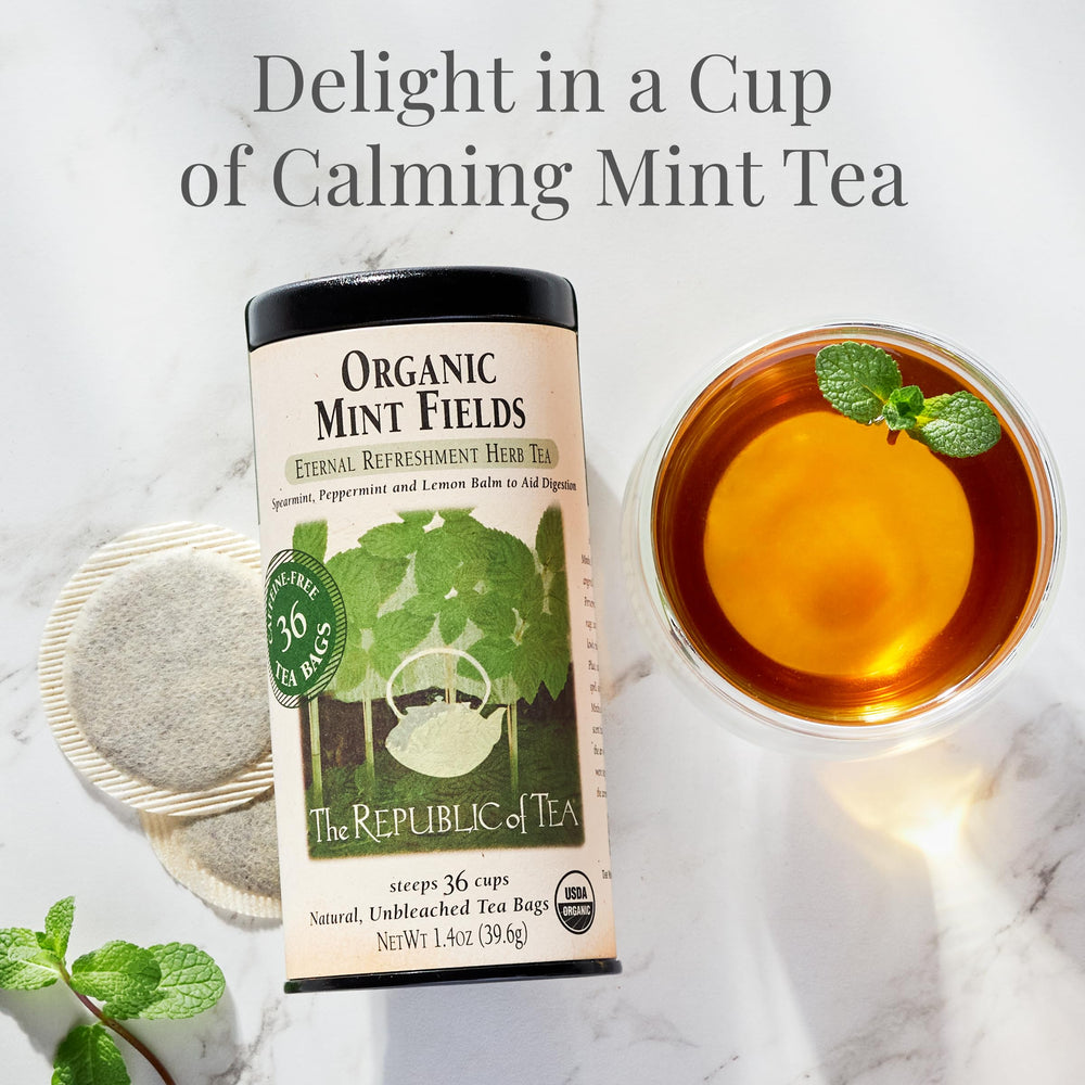 The Republic of Tea Organic Mint Fields steeps into a refreshing aroma for hot or iced cups.