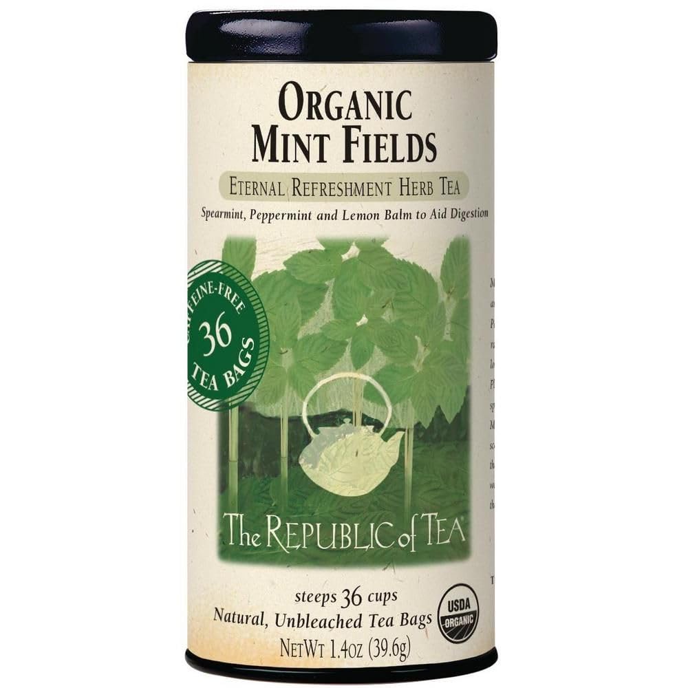 The Republic of Tea Organic Mint Fields tea bags offer a crisp, caffeine-free mint experience.