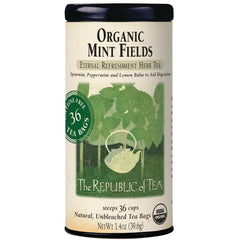 The Republic of Tea Organic Mint Fields tea bags offer a crisp, caffeine-free mint experience.