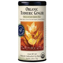 Republic of Tea turmeric-ginger green tea tin label highlighting organic quality