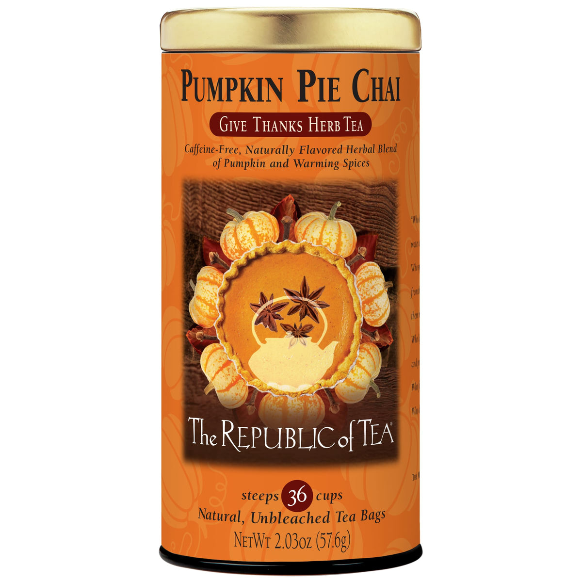 The Republic of Tea pumpkin pie chai tea bag ready to steep for cozy autumn mornings.