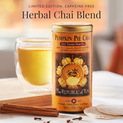 The Republic of Tea pumpkin pie chai tin on a kitchen shelf for gifting.