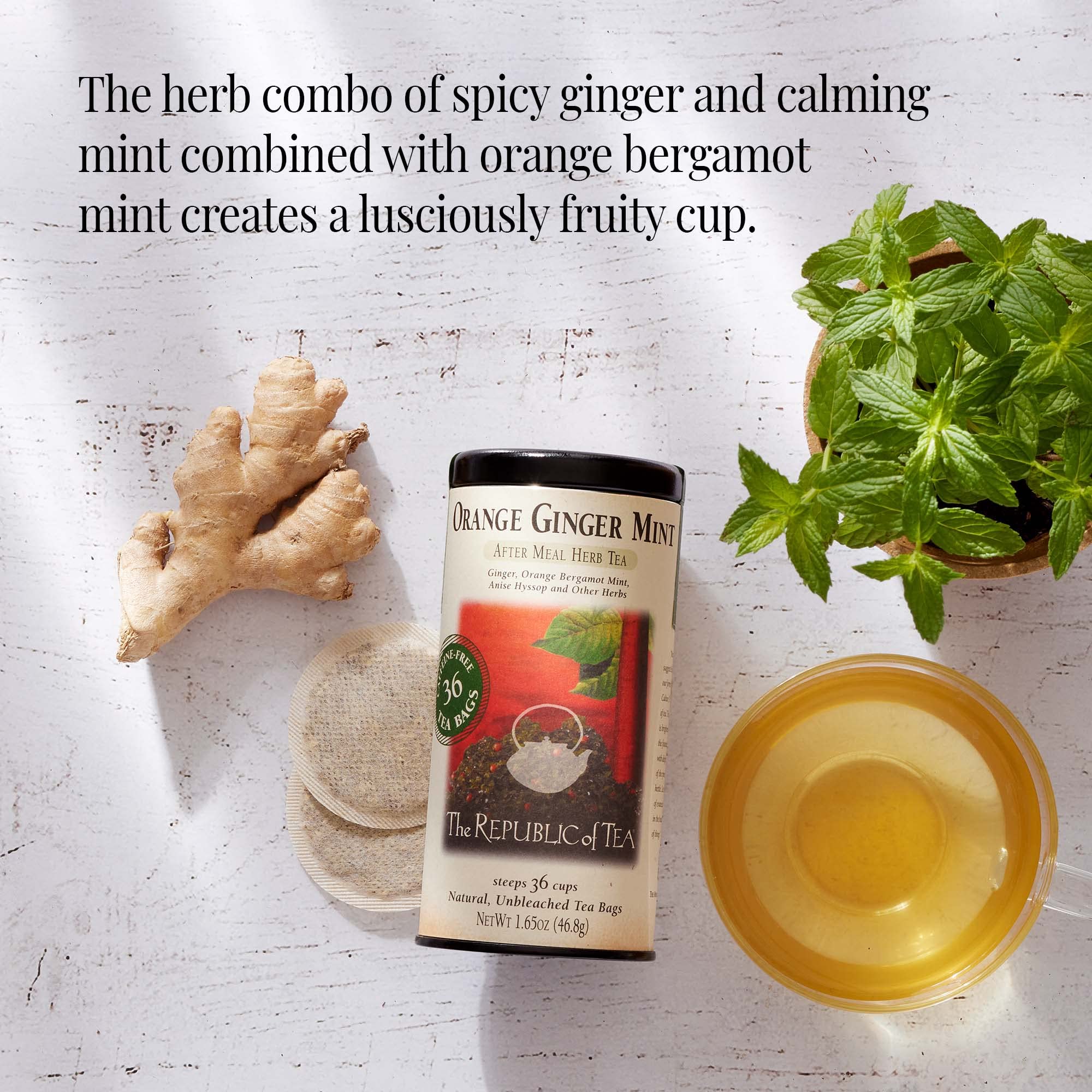 The Republic of Tea steaming cup of orange-ginger-mint aroma.