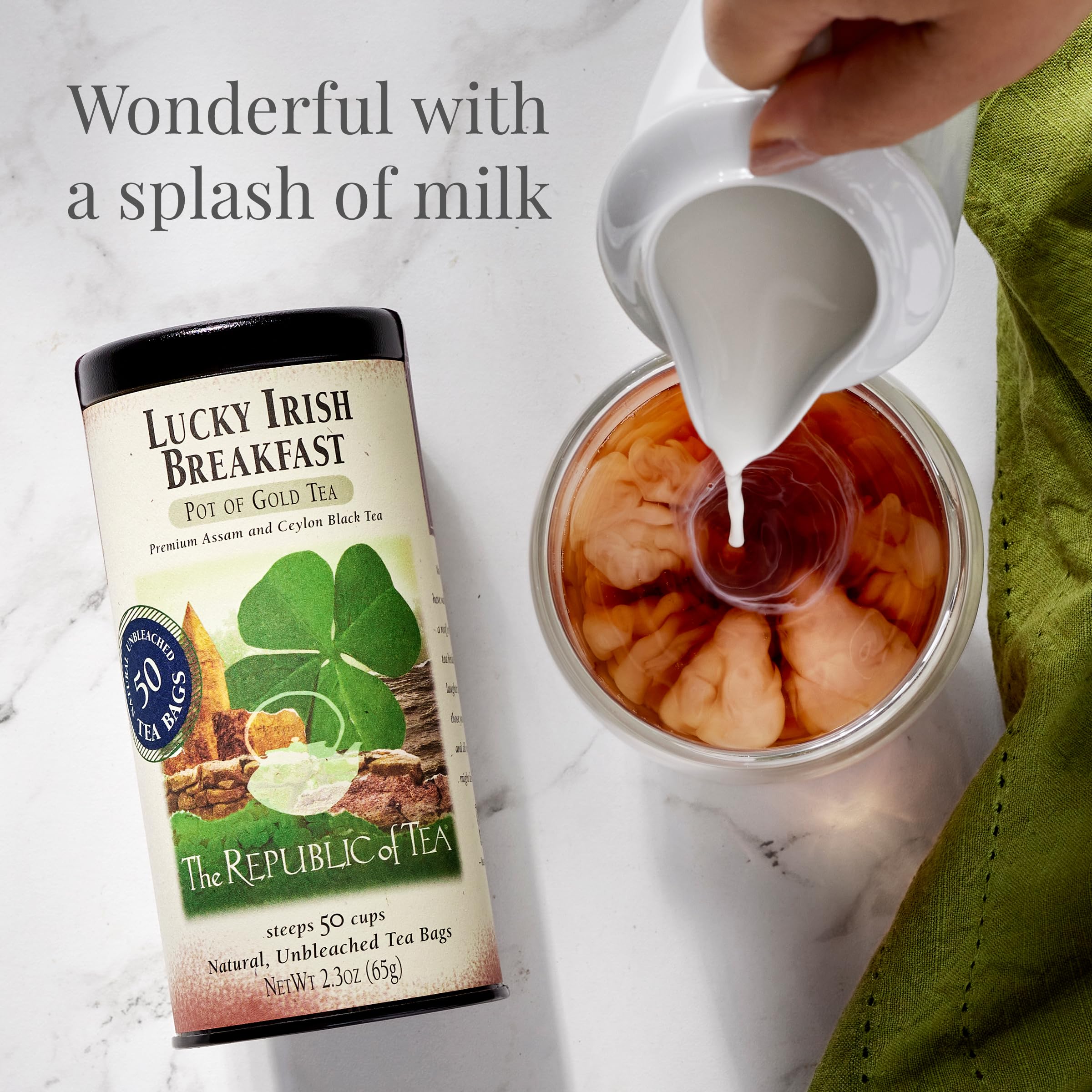 Steeping Lucky Irish Breakfast tea for a bold, malty cup.