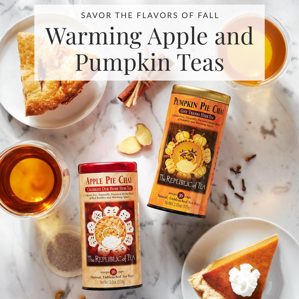 Close-up of The Republic of Tea pumpkin pie chai highlighting autumn spice notes.