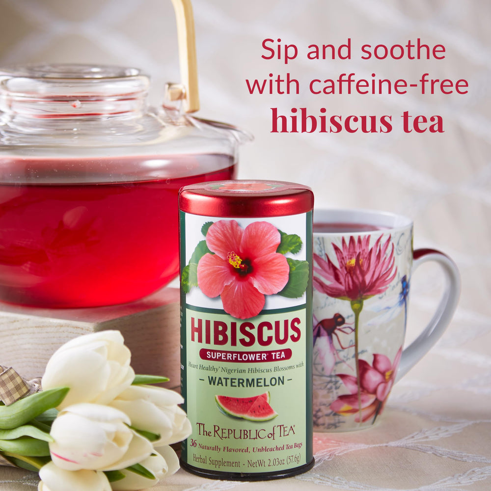 The Republic of Tea Watermelon Hibiscus ingredients display natural apple and rosehips for flavor.
