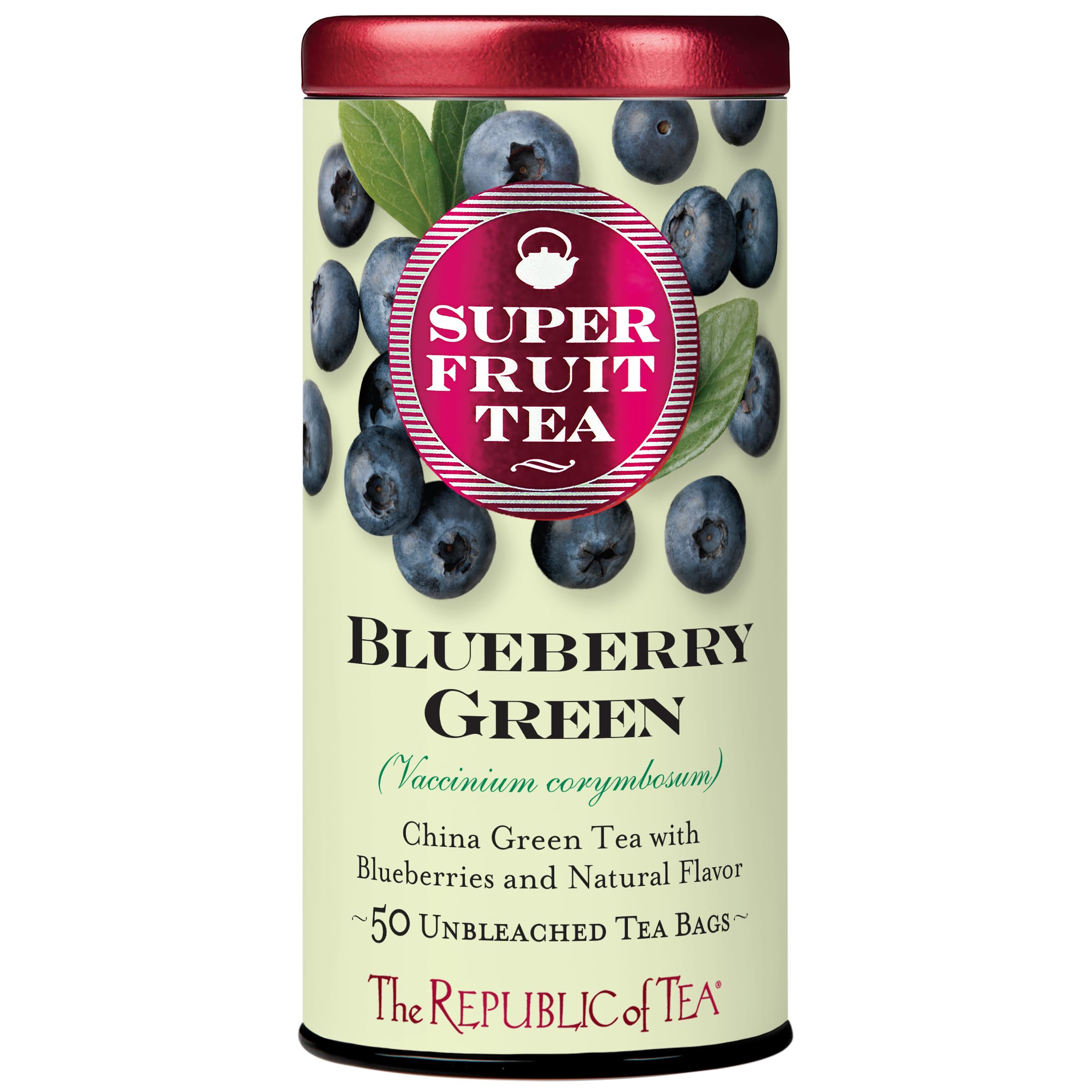 The Republic of Tea Blueberry Green Superfruit Tea tin front for a refreshing, low-caffeine ritual.