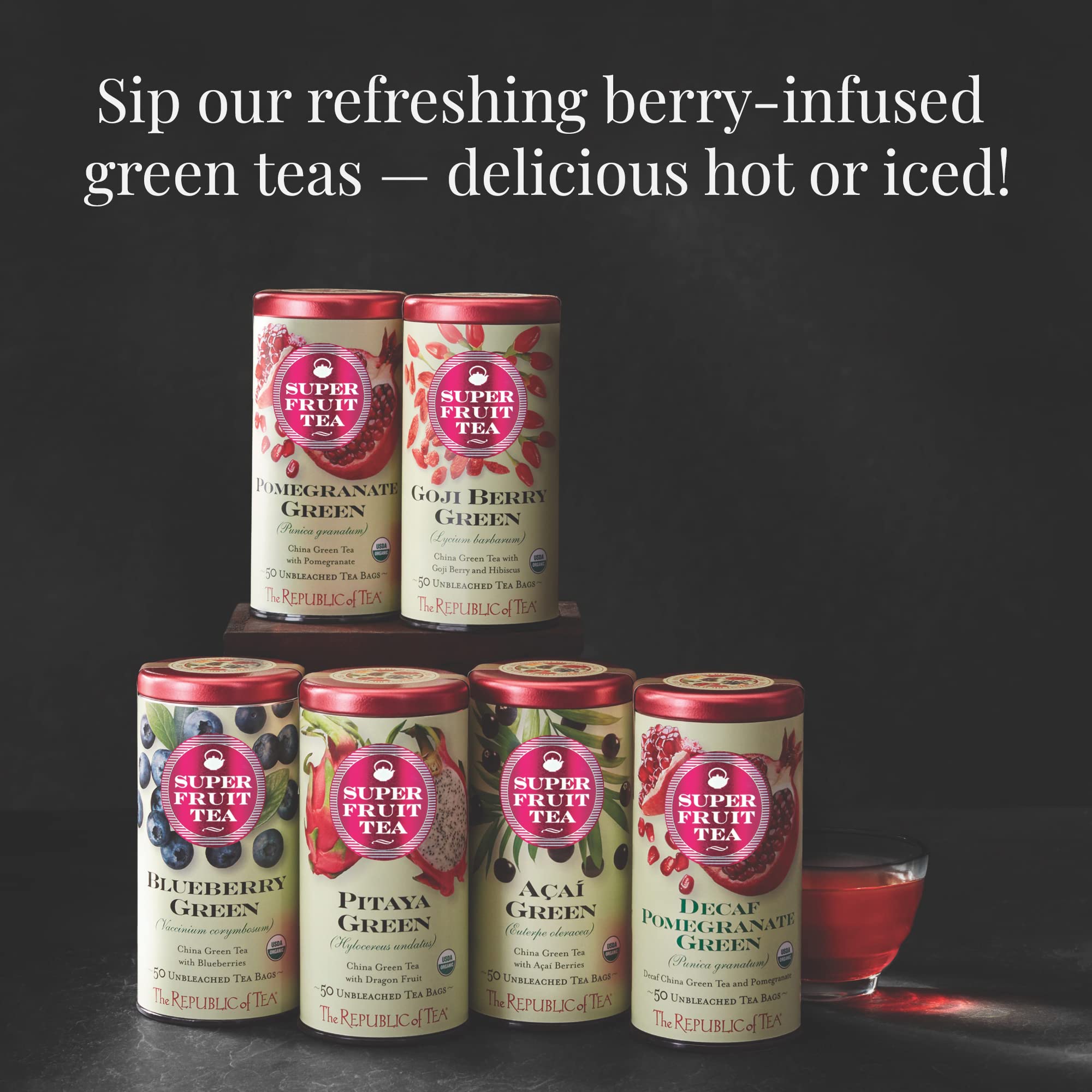 The Republic of Tea tin with brand logo, showcasing premium packaging.