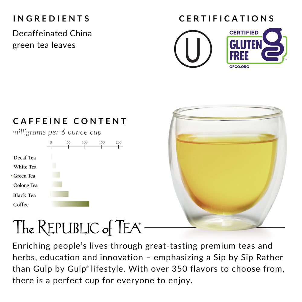 The Republic of Tea packaging display features a round natural tea bag.