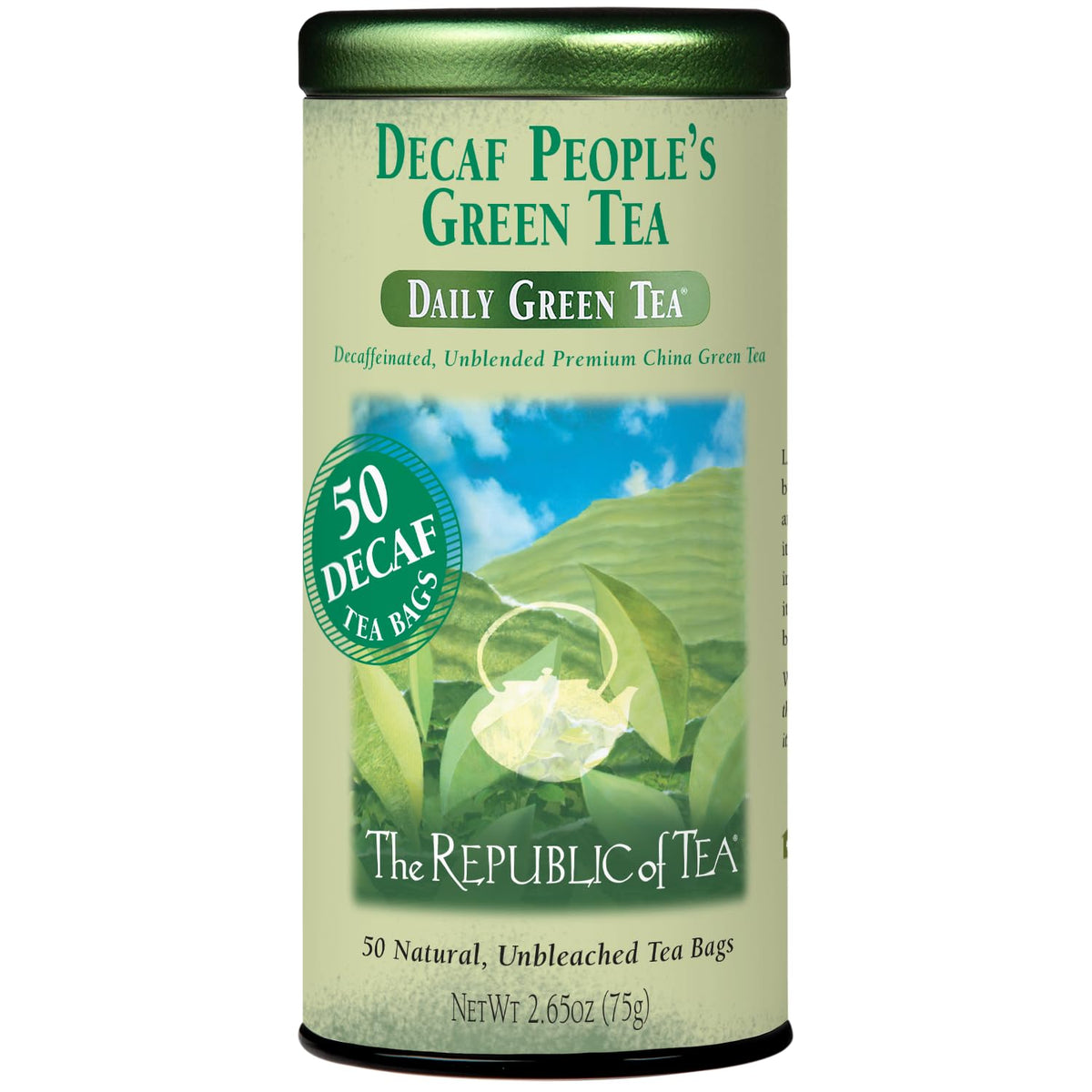 The Republic of Tea decaf People's Green Tea tin exterior for easy storage and daily ritual.