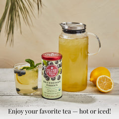 Steeping Blueberry Green Superfruit Tea yields a fragrant cup with light caffeine.