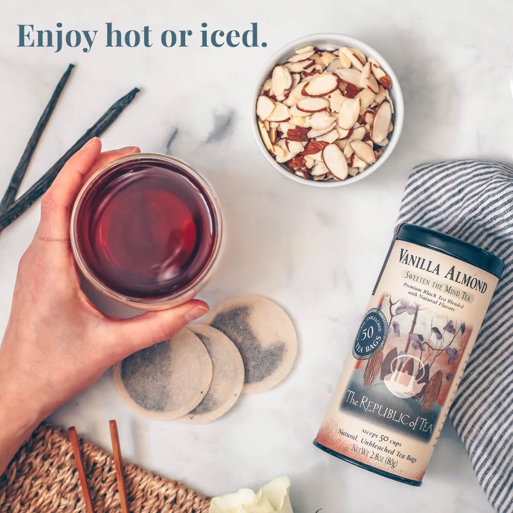 The Republic of Tea vanilla almond steam cup, inviting aroma for a relaxing break.