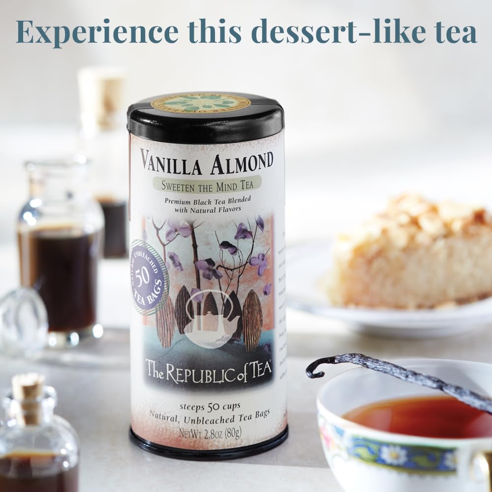 The Republic of Tea vanilla almond tea bags in tin, convenient for daily ritual.