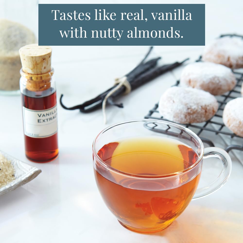 The Republic of Tea vanilla almond tea label closeup, highlighting flavors and quality.