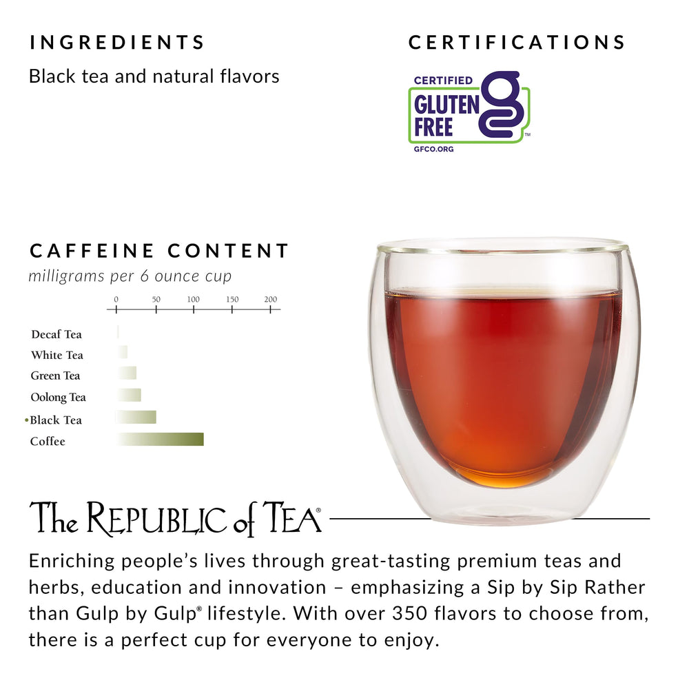 The Republic of Tea vanilla almond tea packaging display, ideal for storefronts.