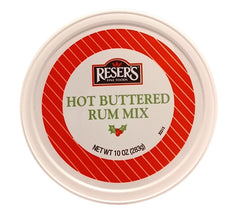 Reser's Hot Buttered Rum Mix tub label – 20 servings and resealable design for freshness
