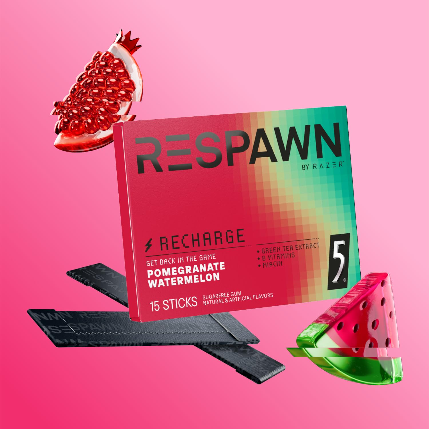 RESPAWN Energy Gum piece closeup emphasizing sugar-free formula