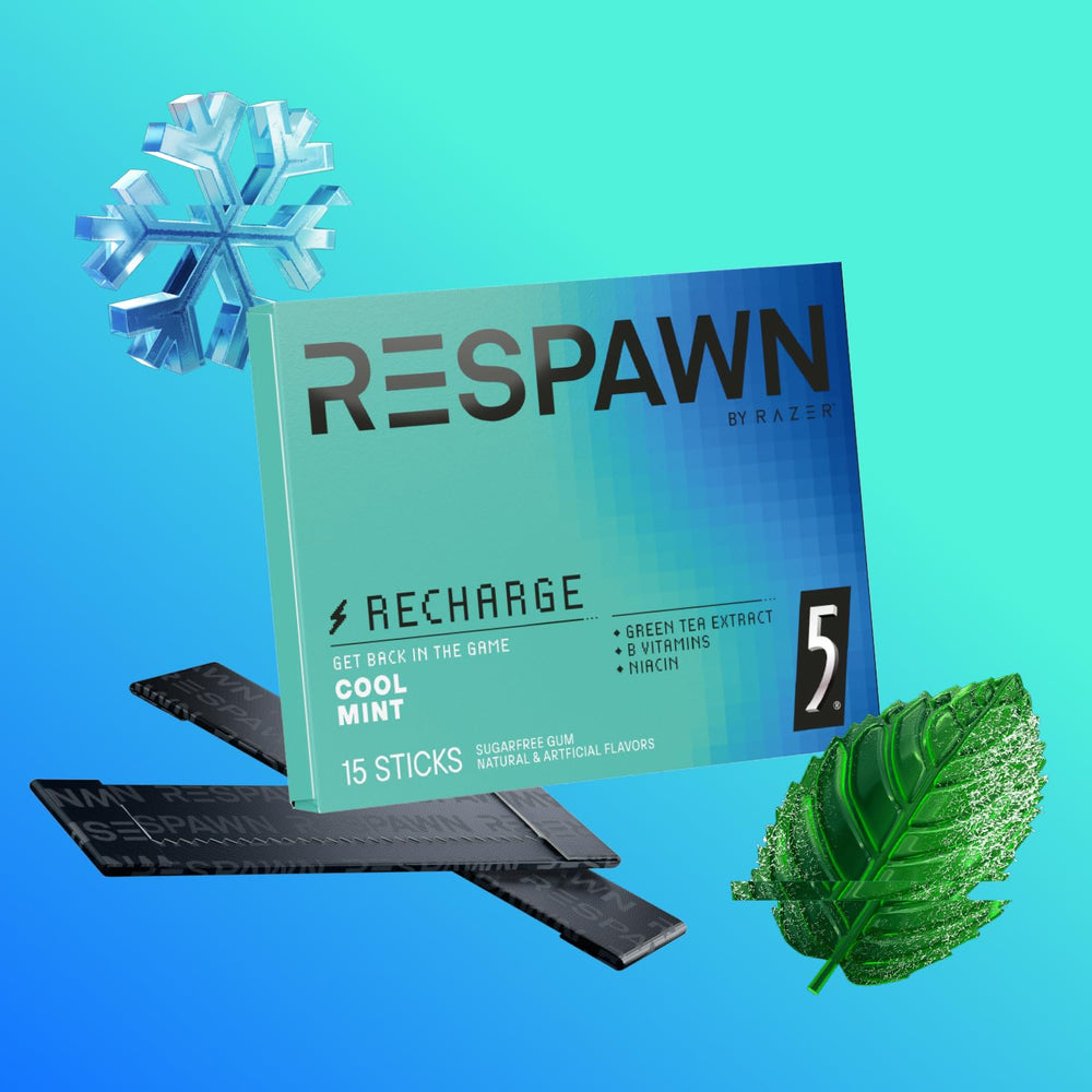 RESPAWN by RAZER Green Tea vitamins gum supports mental performance.