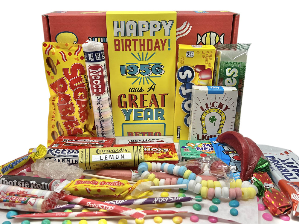 RETRO CANDY YUM 1956 birthday box packaging, ready for gifting and celebrating nostalgic memories.