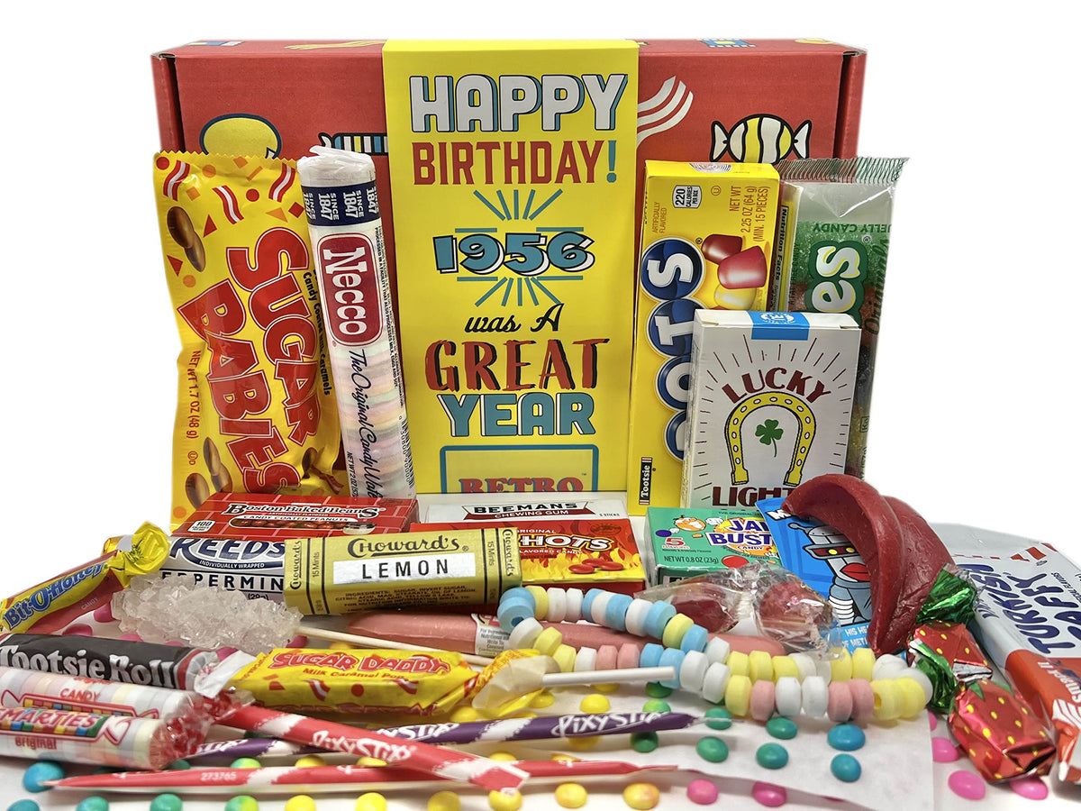 RETRO CANDY YUM 1956 birthday box packaging, ready for gifting and celebrating nostalgic memories.