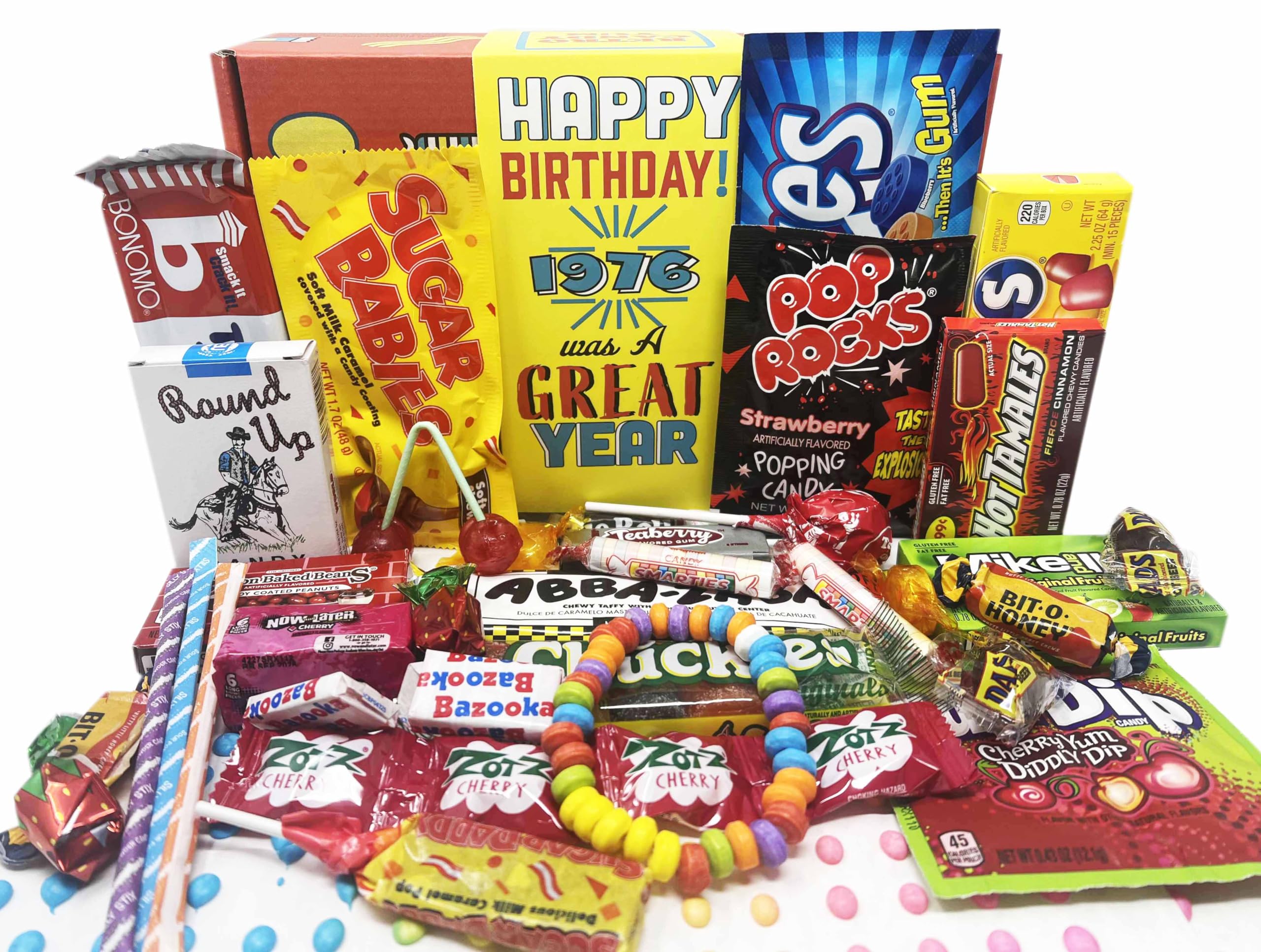 Retro Candy Yum 1976 gift box displaying nostalgic candies for a milestone celebration.