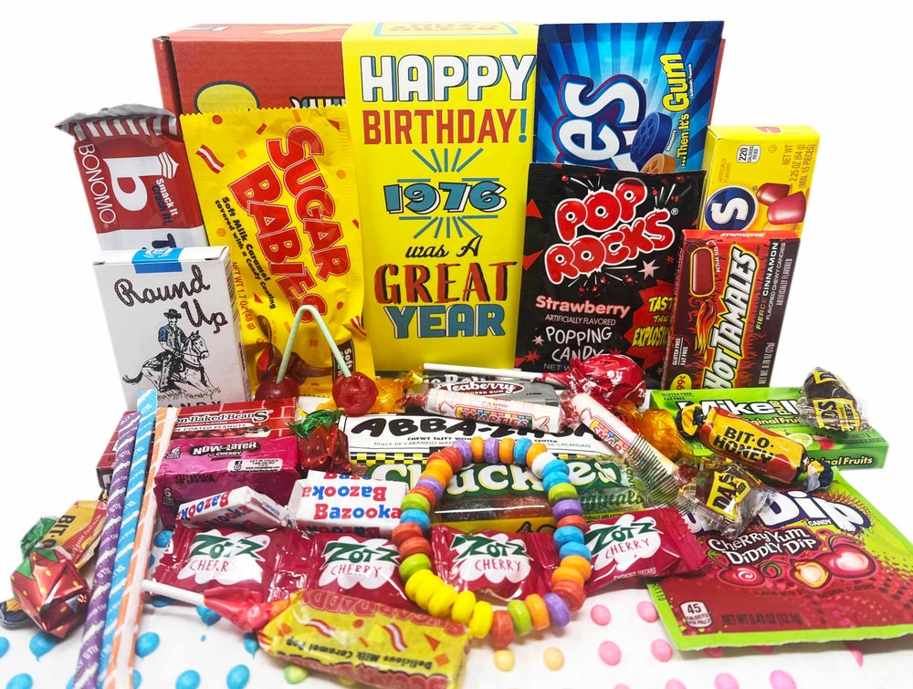 Retro Candy Yum 1976 gift box displaying nostalgic candies for a milestone celebration.