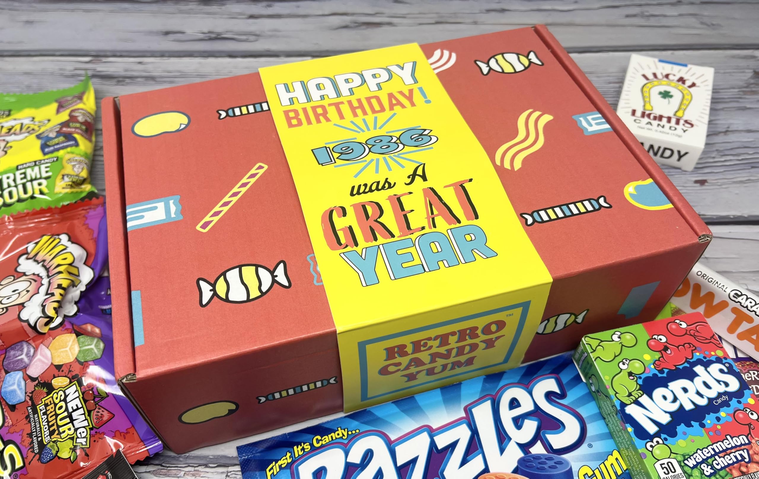 Retro Candy Yum 1986 candy assortment close-up highlighting classic 80s favorites