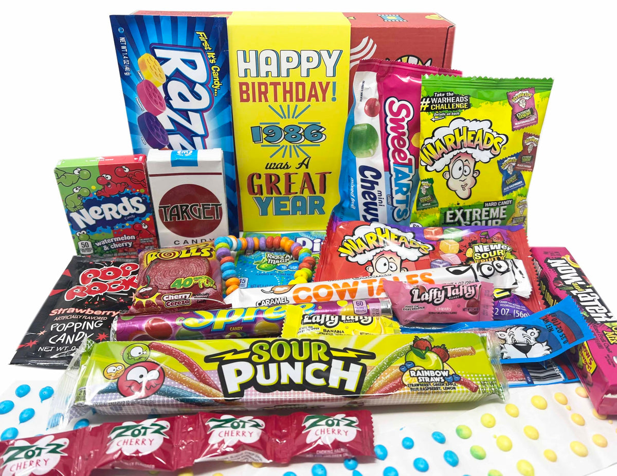 Retro Candy Yum 1986 gift box front featuring nostalgic 80s treats for birthdays