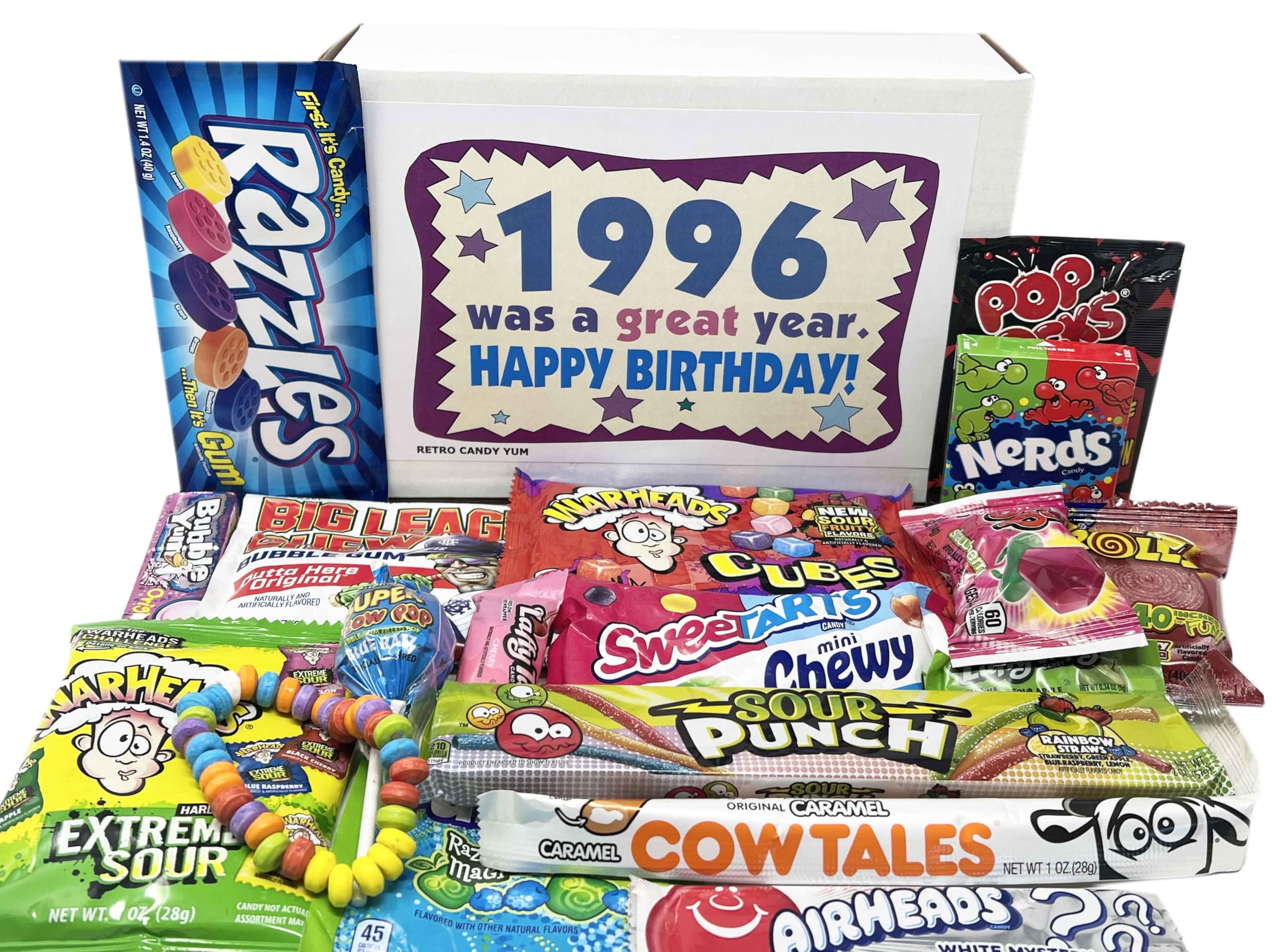 Retro Candy Yum 1996 gift box front view for nostalgic 30th birthday.