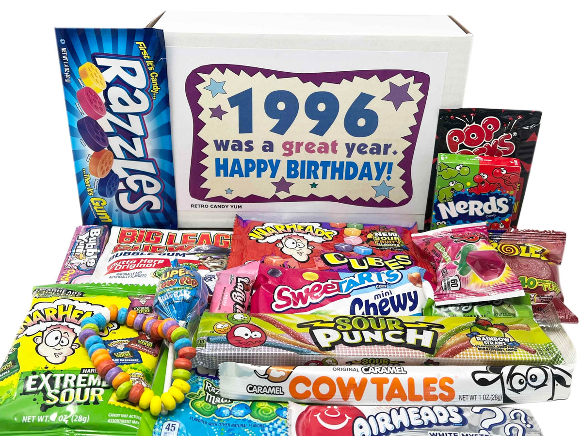 Retro Candy Yum 1996 gift box front view for nostalgic 30th birthday.
