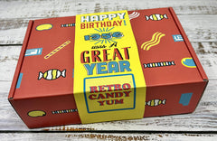 RETRO CANDY YUM 70th birthday gift assembly highlights thoughtful, nostalgic present for milestone celebration.