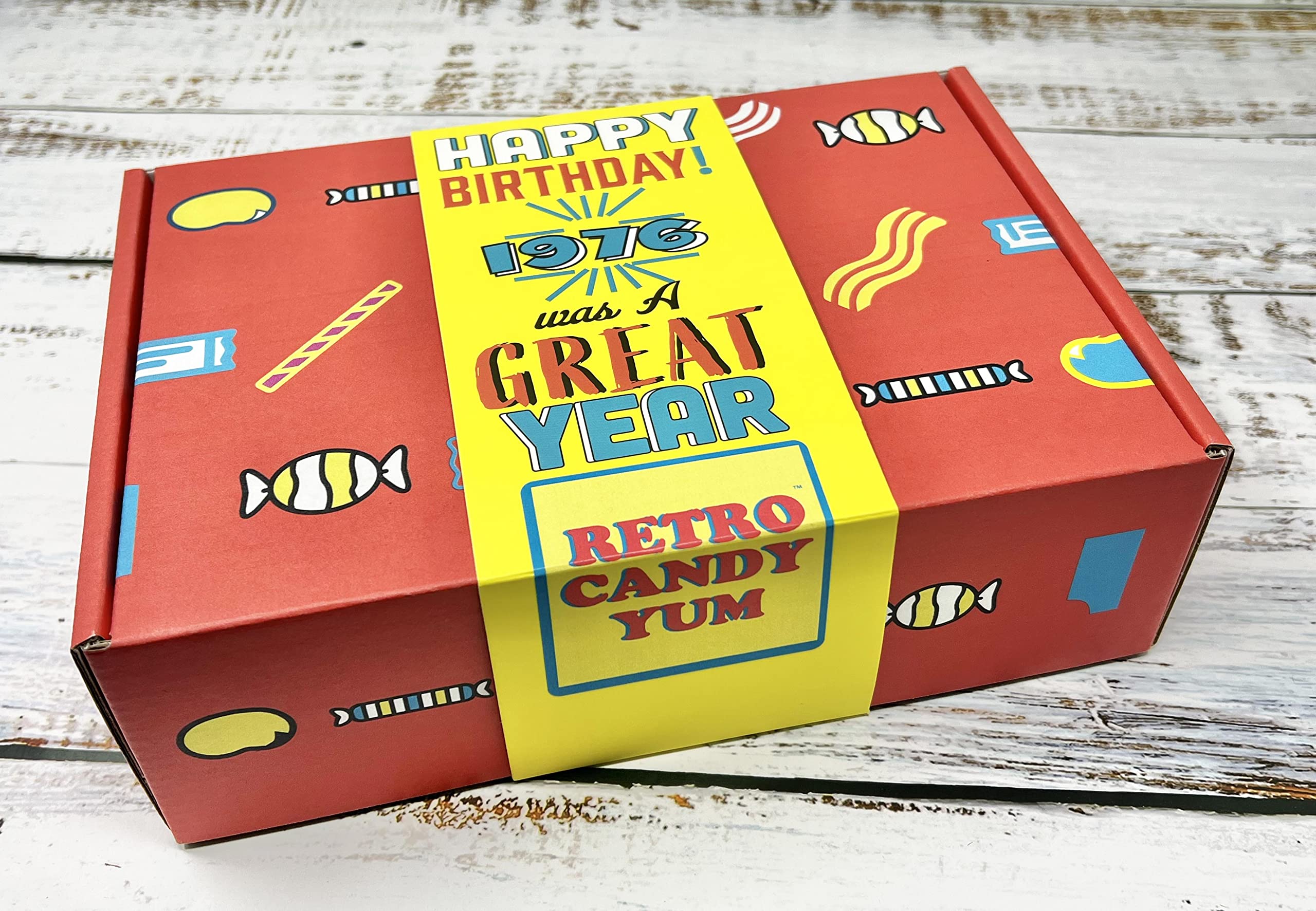 Retro Candy Yum gift box front view shows ready-to-gift packaging.