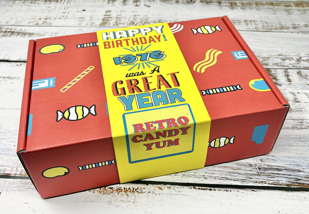 Retro Candy Yum gift box front view shows ready-to-gift packaging.