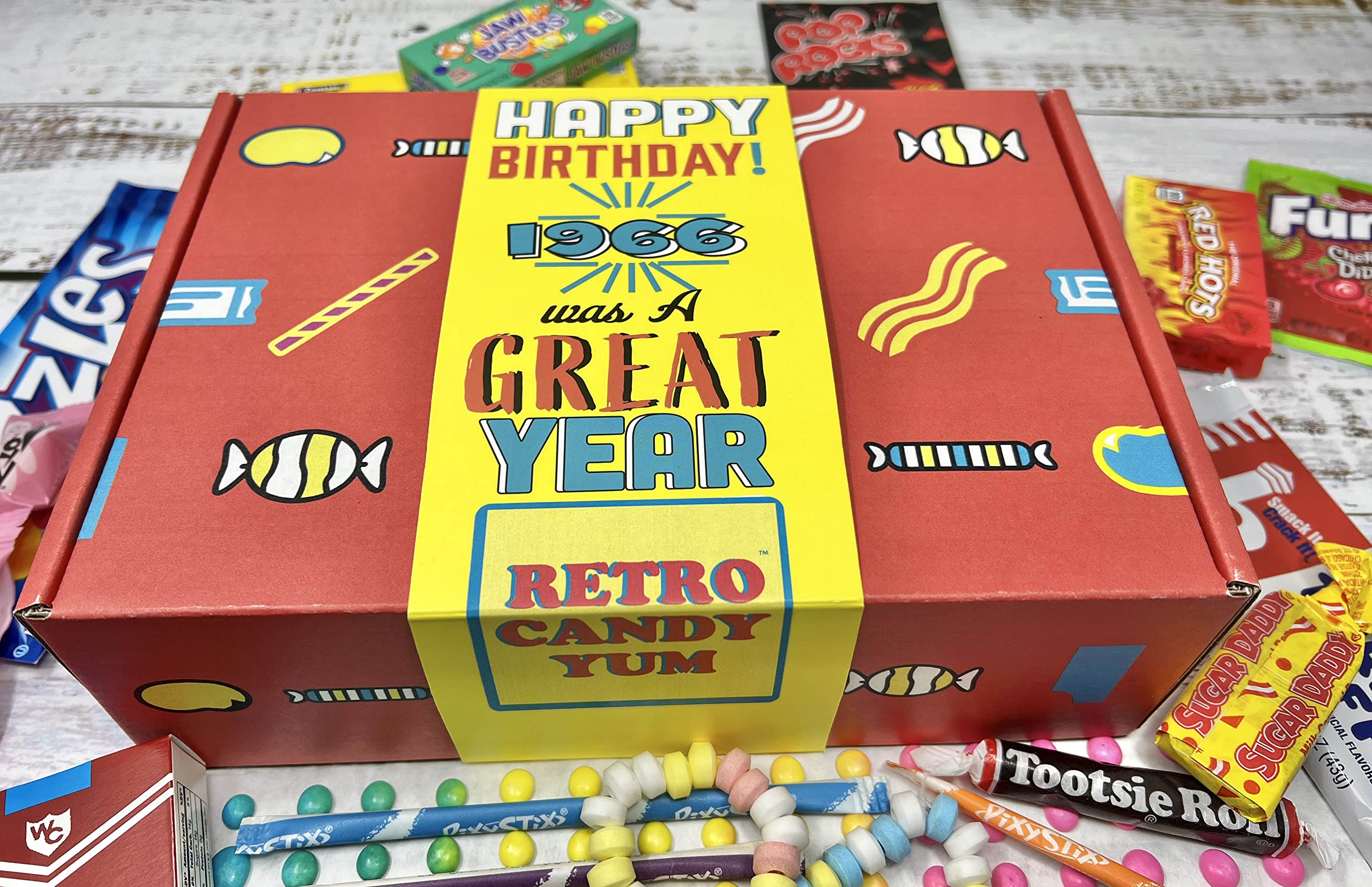 Retro Candy Yum Nostalgic Box opened, showing individually wrapped classics for a thoughtful 60th birthday gift