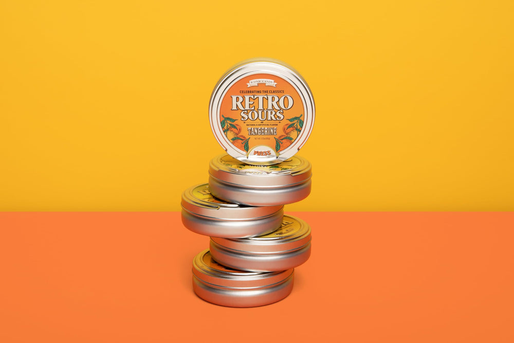 Retro Sours Tangerine retro packaging on display invites nostalgic snacking.
