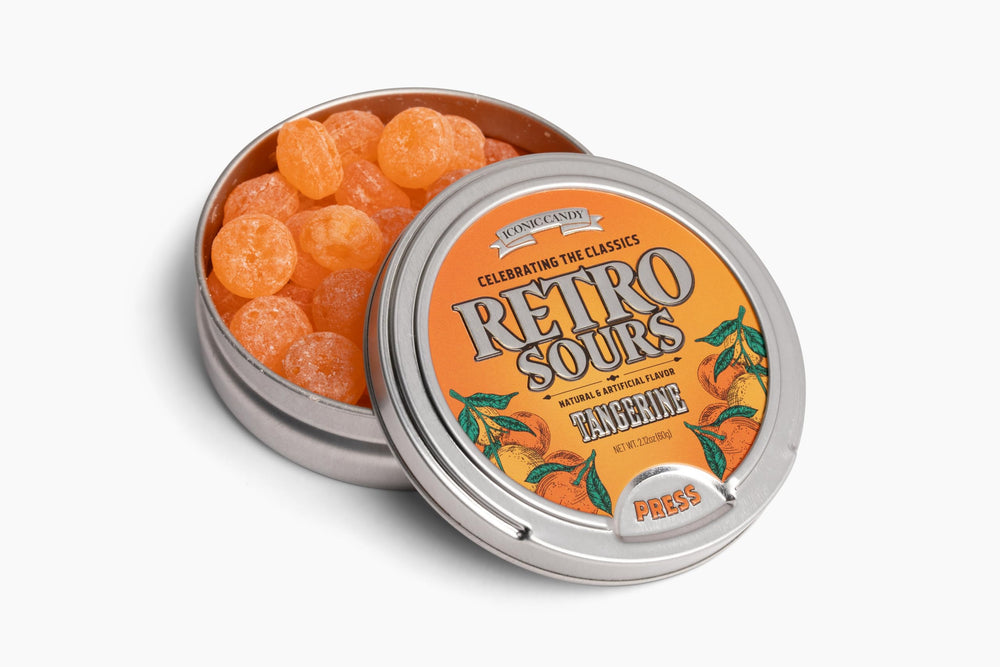Retro Sours Tangerine tin packaging evokes nostalgia and easy gifting.