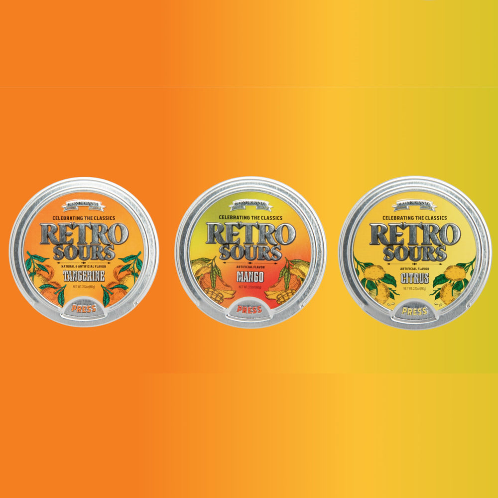 Retro Sours three-flavor display highlights Tangerine, Mango, Citrus for sharing and taste-testing.